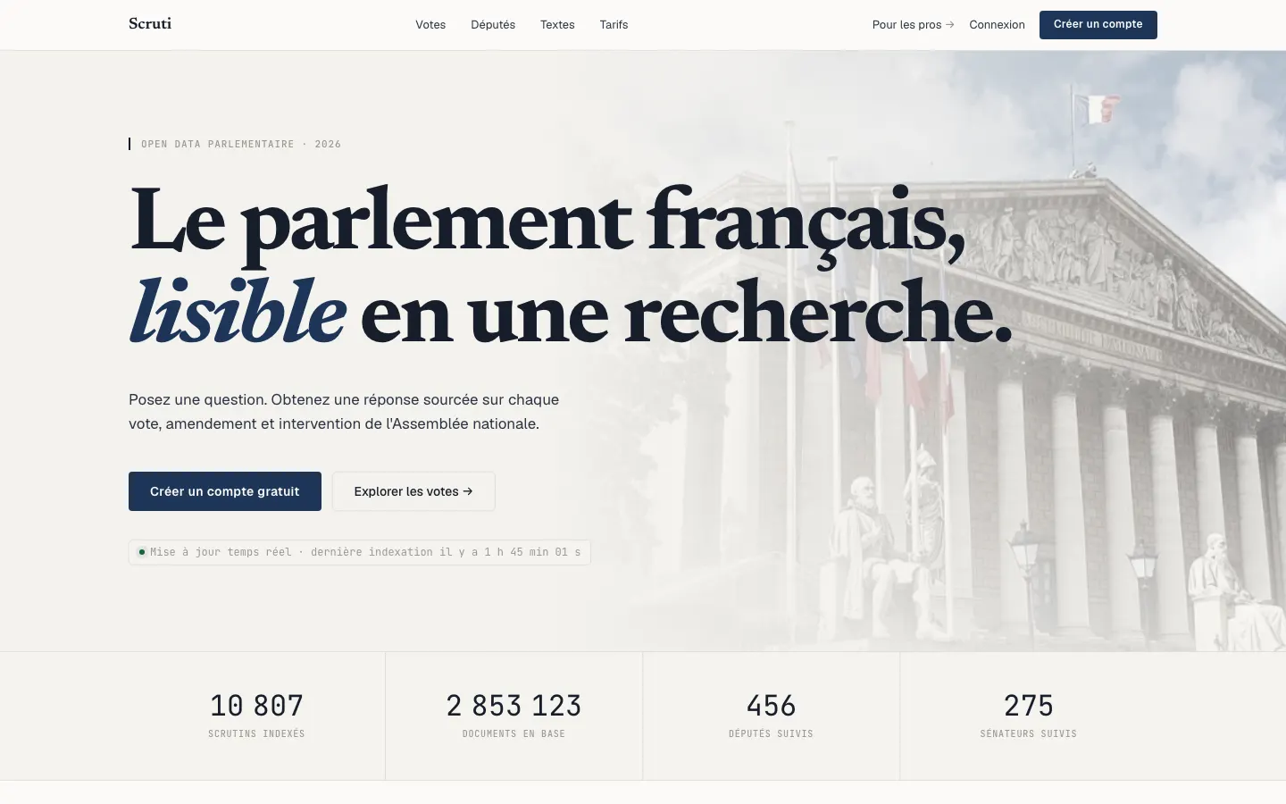 Page d'accueil de scruti.fr : le Parlement français, lisible en une recherche